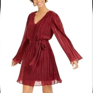 City Studio angel sleeve shimmery dress with a sash belt in burgundy size small